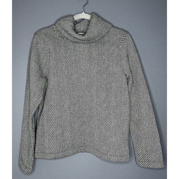 J. Crew Funnel Neck Sweater Size M Herringbone Black White Soft Old Money Preppy - Picture 1 of 13